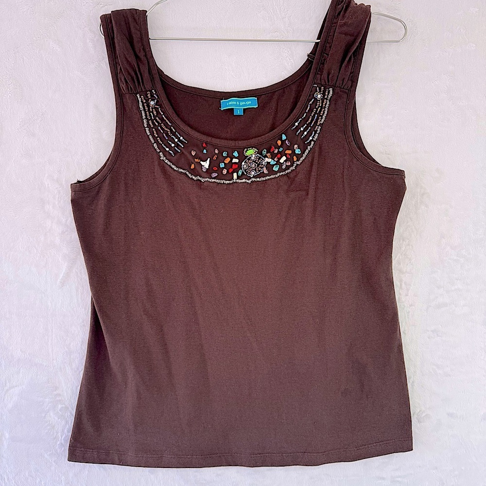 Brown Beaded Southwestern Boho Tank Top by Cable & Gauge Pleated Straps